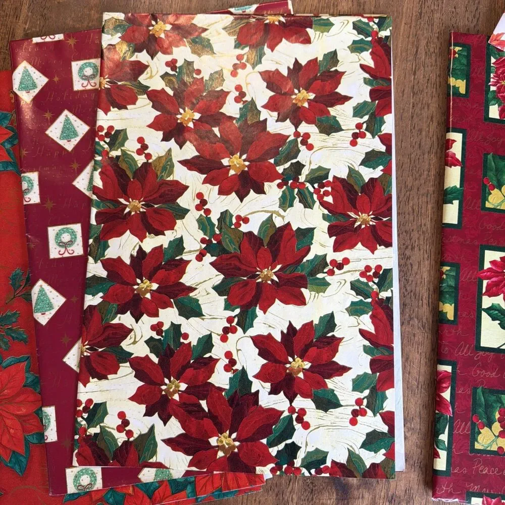 Lot of 5 Sheets Christmas Wrapping Paper Poinsettia Wreath Holiday Gift Wrap